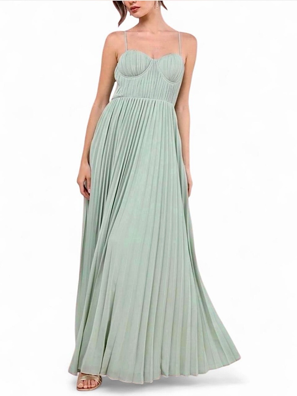 NWT Lulus Admirable Elegance Sage Green Pleated Bustier Maxi Dress - Size M